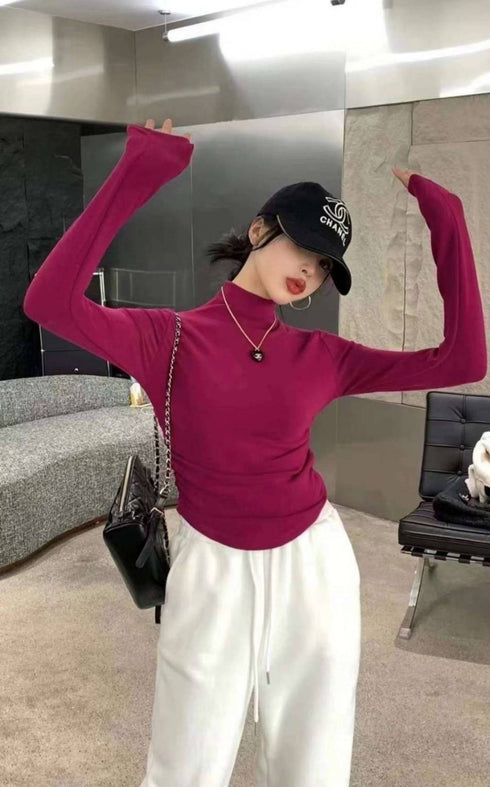 Women Solid Color High Neck Long Sleeves FittedTops